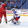 BUFFALO, NEW YORK - DECEMBER 26: Czech Republic's Filip Chytil #21 with a scoring chance against Russia's Alexei Melnichuk #1 during preliminary round action at the 2018 IIHF World Junior Championship. (Photo by Matt Zambonin/HHOF-IIHF Images)

